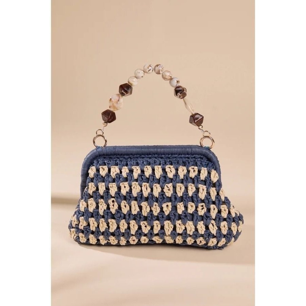 Altar'd State Woven Straw Clutch Navy Blue Cream Beaded Resin Handle Handbag